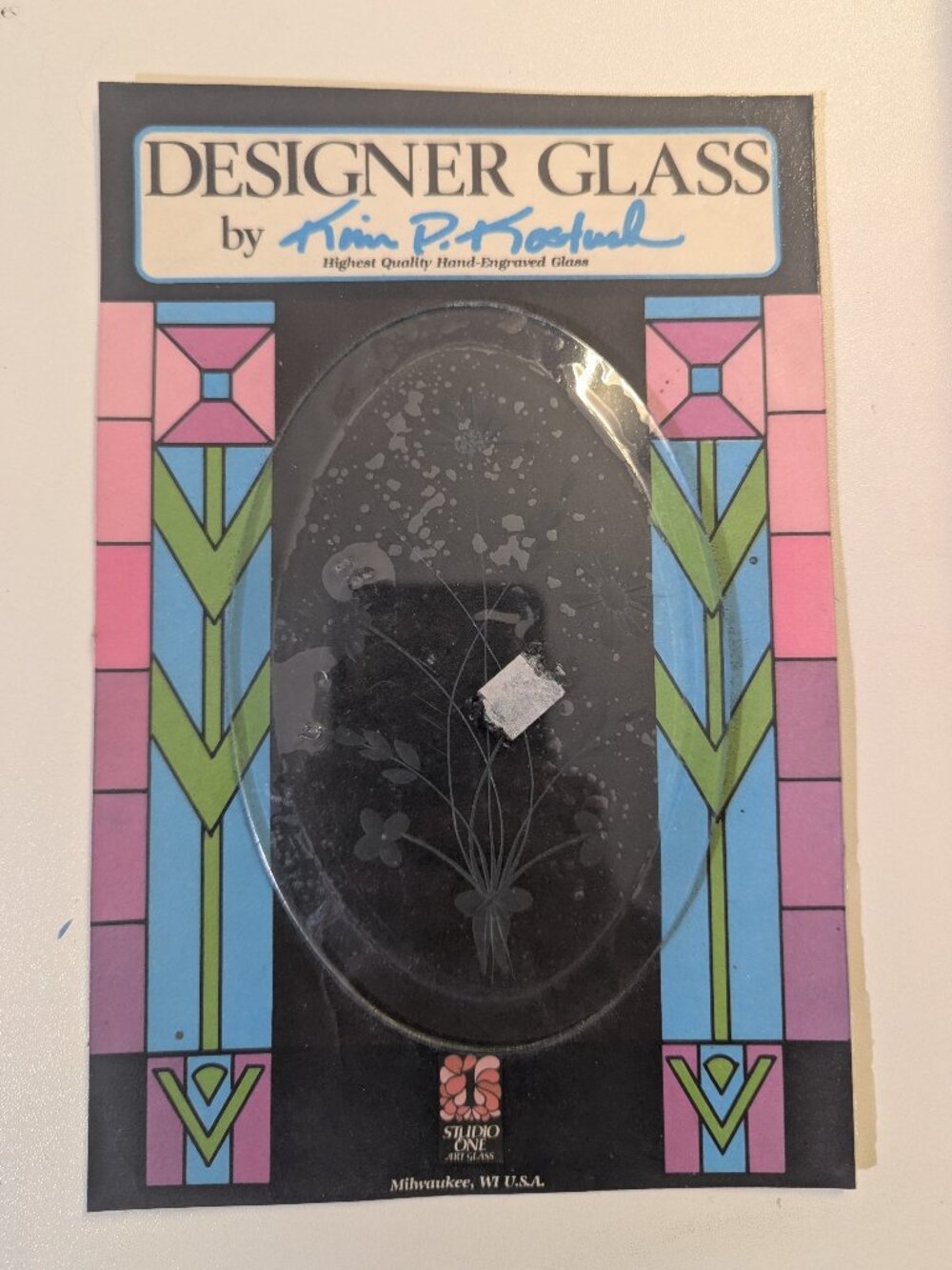 "Designer Glass" Hand-Engraved Clear Oval Glass Bevel by Kim P. Kostuch